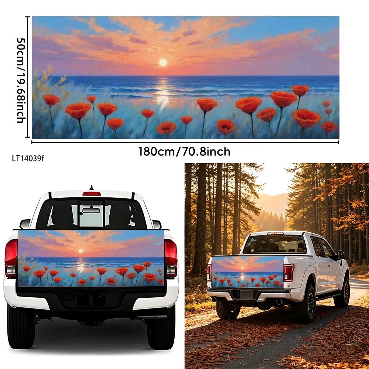 Sunset Ocean Poppy Flower Tailgate Vinyl Decal Waterproof Rear Wrap Sticker Auto Exterior Styling Vehicle Body Decor Accessory