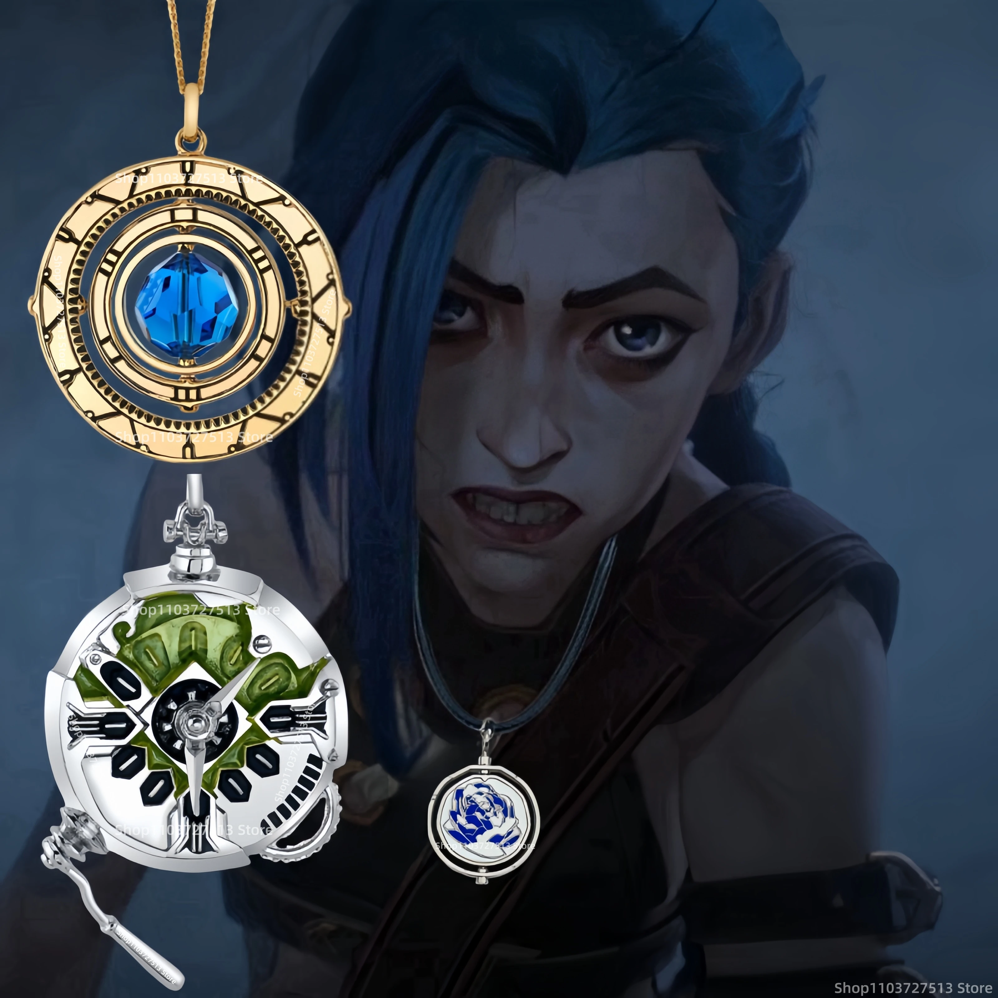 New Arcane Season 2 Ekko Jinx Necklace Anime Arcane Powder Rotating Blue Pink Rose Pendant Piltover Cosplay Prop Fans Girls Gift