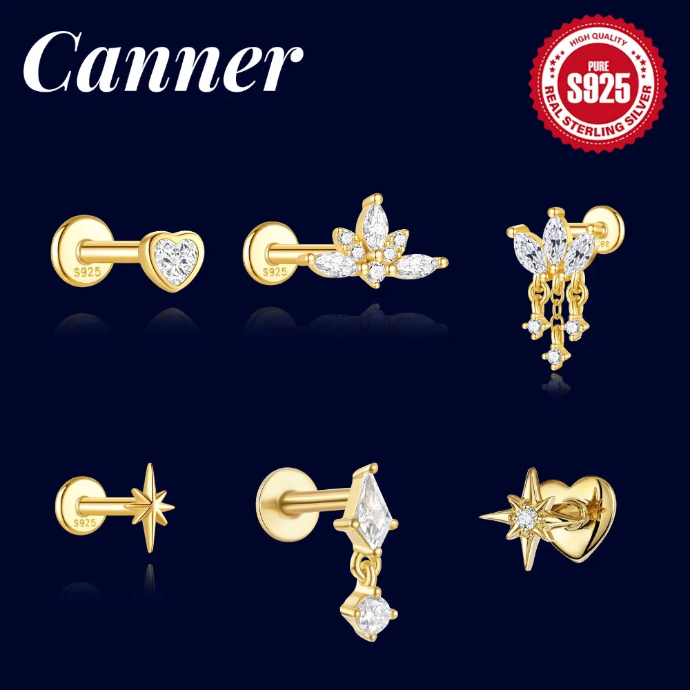 CANNER Silver 925 Sterling Piercing Earring for Women 18K Rolled Gold Earrings Flat Back for Helix Tragus Daith Piercing Jewelry