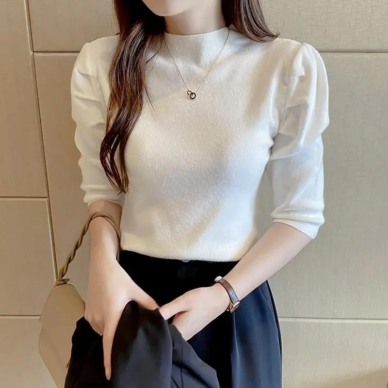 

Women Sweater Short Sleeve Turtleneck Stripe Knitwears Slim Fit Shirt Korean Fashion Pullovers Thin Knit Tops 2023 Bottoming Shi