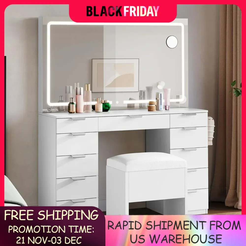 Wooden Makeup Vanity Desk Set with XL LED Mirror and Power Outlets with Storage Bench and Magnifying Glass for Bedroom dresser