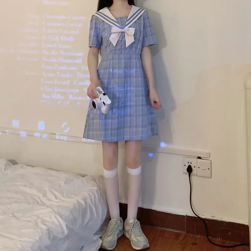 

Nice Fashion Bow Summer Thin Short Sleeve Plaid Lolita Dresses Printing Cute Summer Thin A-line Skirt Short Sleeve Women's Cloth