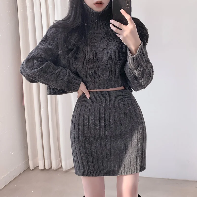 

2023 New 2 Piece Set Fall Winter Women Twist Warm Turtleneck Short Pullover Sweater Tops High Waist Knitted Skirt Sets Outifits