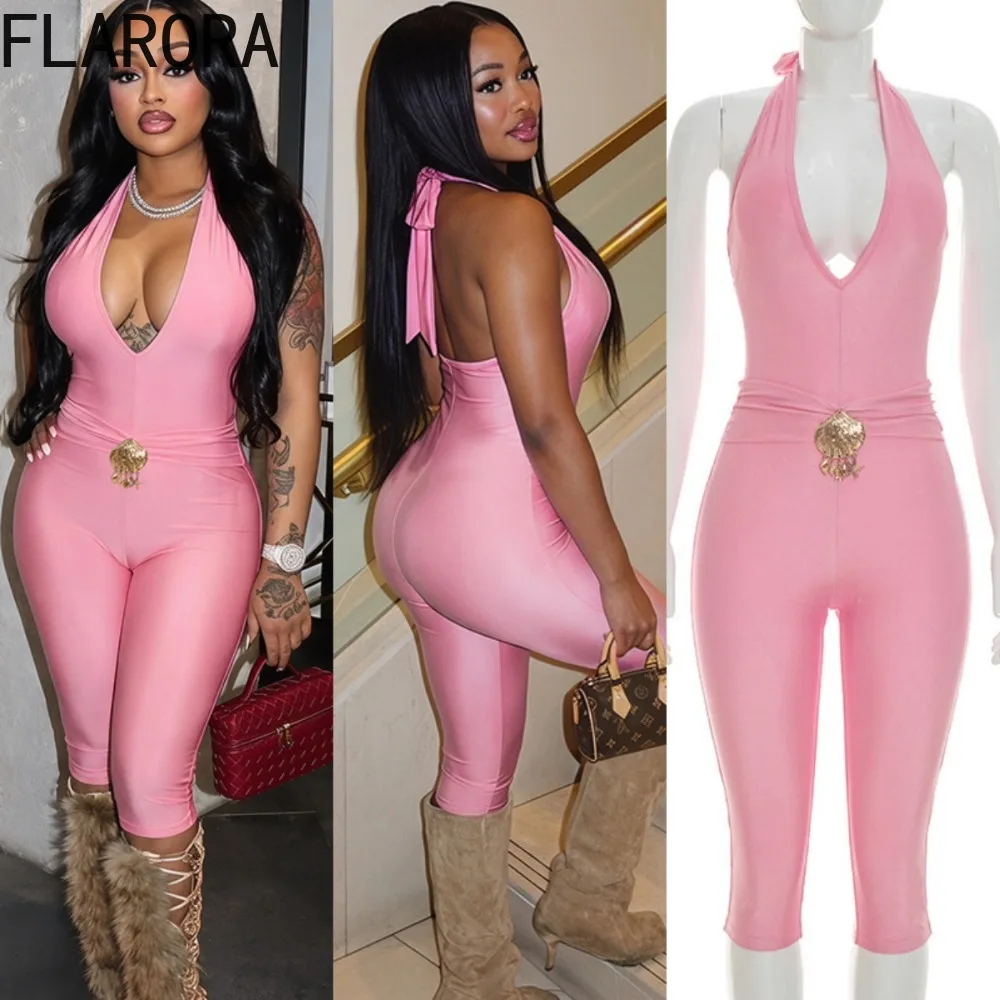 FLARORA Sexy Metal Decoration Jumpsuits Woman Halter Deep V Neck Bandage Sleeveless Backless Skinny Playsuits Hottie Streetwear