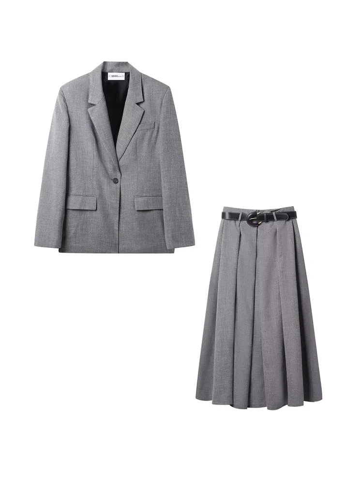 

HH Women's Winter New Fashion Commuter Blazer Skirt 2-Piece Professional Suit Lapel Jacket+Elegant Texture With Belt Long Skirt