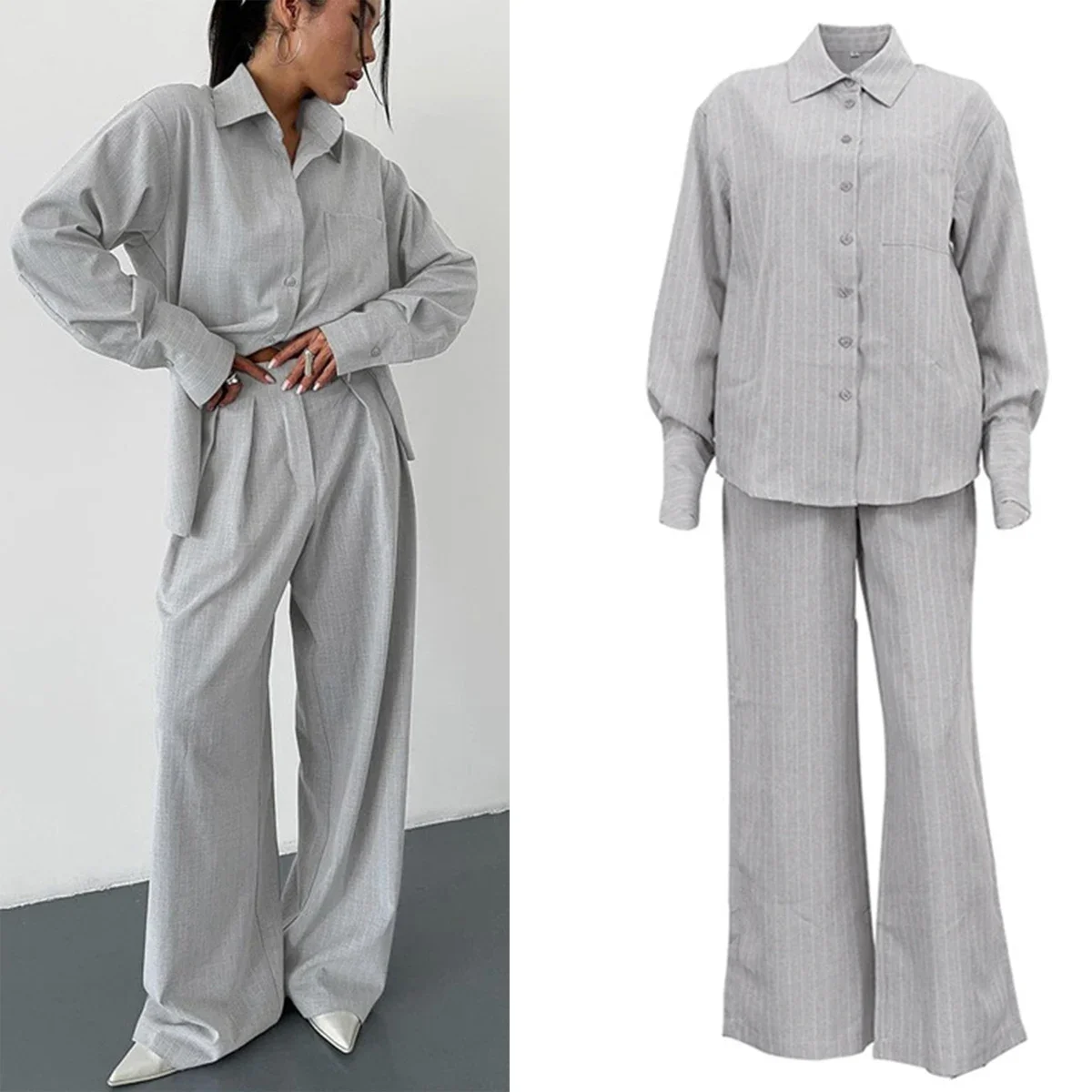 

Осенняя мода Свободные серые офисные комплекты из 2 предметов Женский наряд Элегантная блузка с длинным рукавом и широкими брюками с высокой талией Женский комплект