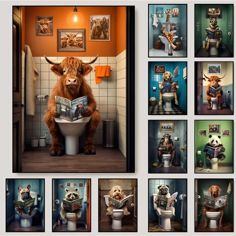 Funny Highland Cow Chimpanzee Dog Poster Toilet Bathroom Decor Animal Reading Newspaper Canvas Painting Wall Art Pictures Home