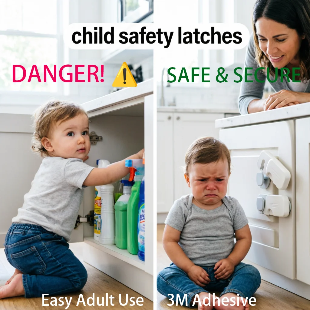 

Baby Safety Locks 10-Pack - Adhesive Cabinet & Drawer Locks No Drilling | Childproof Latches for Kitchen, Bathroom, Furniture |