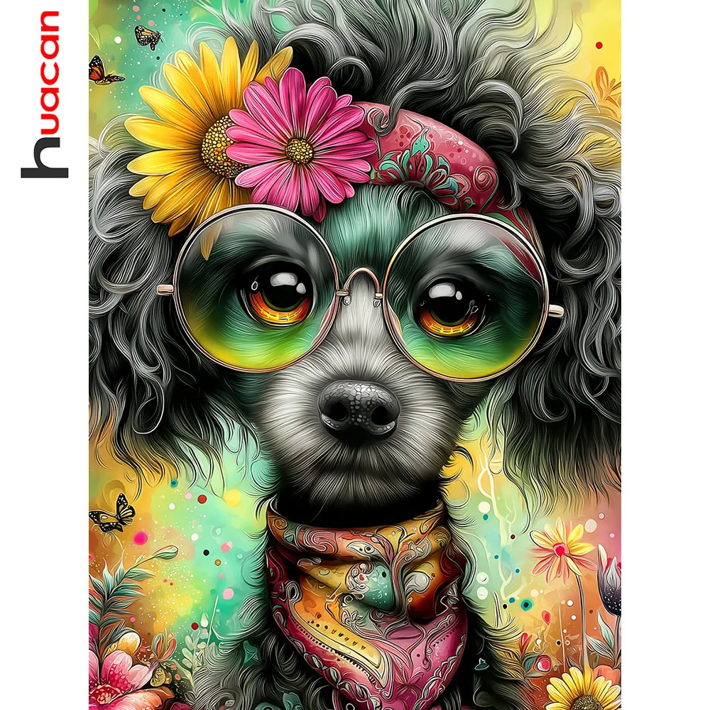 Huacan DIY Diamantmalerei Hund Gänseblümchen Diamantmosaik Tier Blume Komplettset Bild aus Strasssteinen