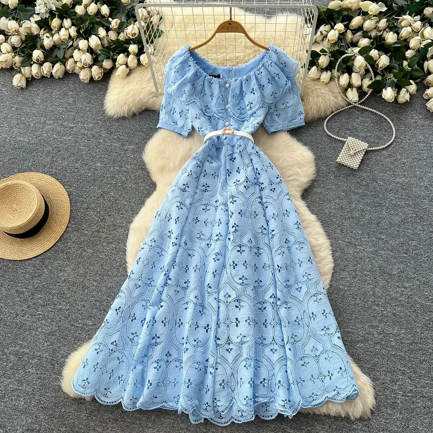 

Women Dress Long Dresses Short Sleeve A Line Vestidos Elegant Splice Y2k Streetwear Ruffles Slim Fit Party Night Work High Waist