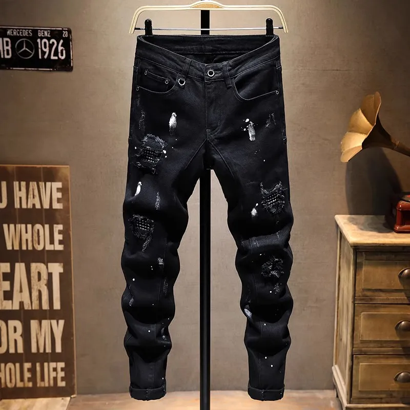High Street Fashion Men Jeans Black Elastic Stretch Slim Fit Painted Ripped Jeans Beading Patched Designer Hip Hop Pants Hombre