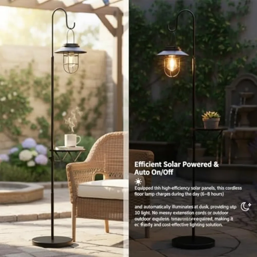 Solar Floor Lamp with Table, 60" Outdoor Shepherd Hook with Solar Light Waterproof Metal Side Table for Patio, Heavy Duty Solar view 5