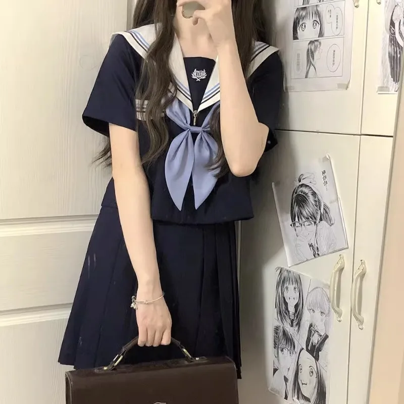 2024 Japanese JK Uniform Skirt Sailor Suit Long Short Sleeved Preppy Style Dark Blue Lolita Summer And Autumn Daily Wear Female