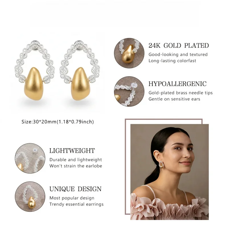 Litheline Two-tone Gold Plated Geometric Teardrop Stud Earrings Women CZ Inlaid Luxury Statement Jewelry