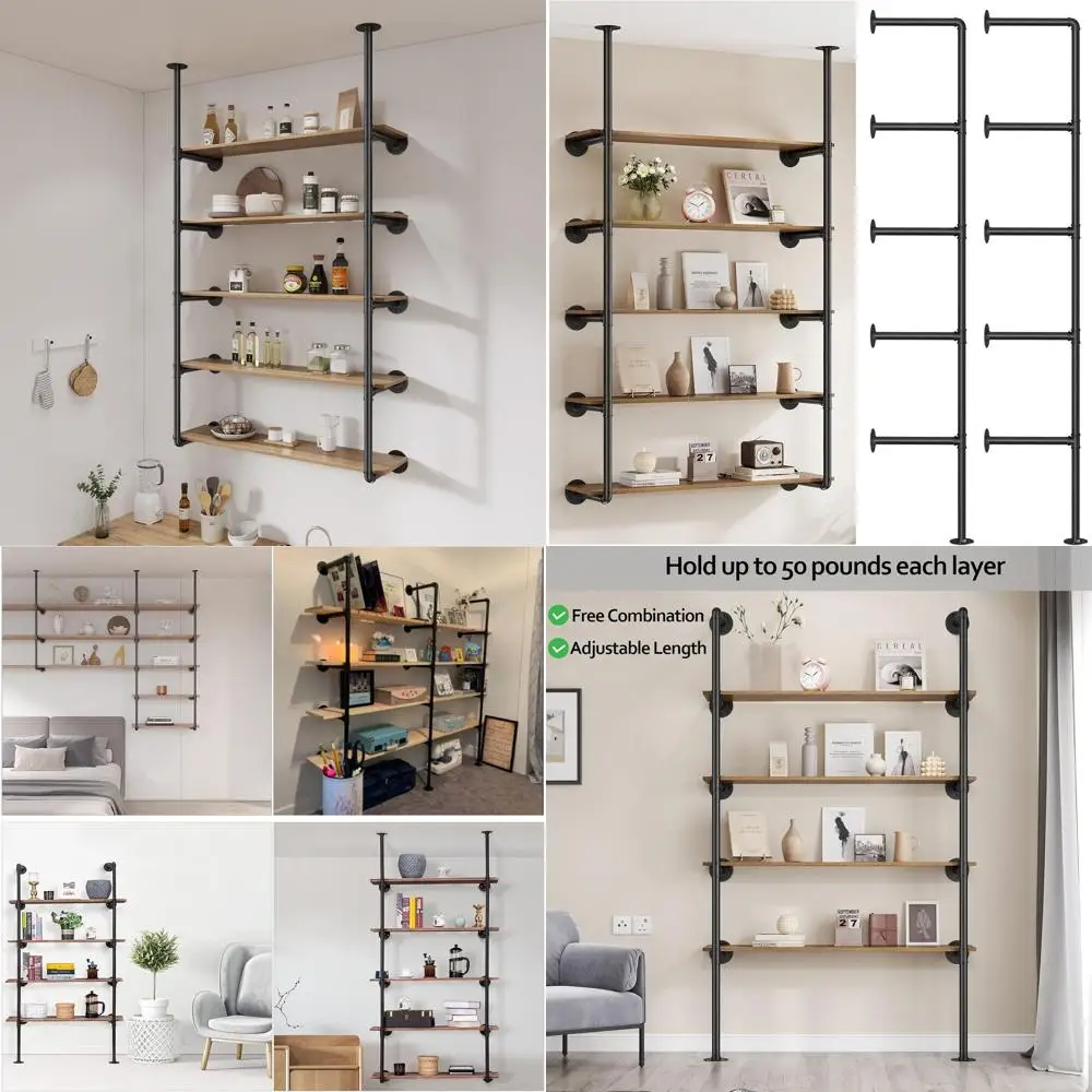 

Industrial Style Wall-Mounted Iron Pipe Shelving, DIY Open Bookshelf for Kitchen, Bathroom, Living Room Storage, 5-Tier Bookcase