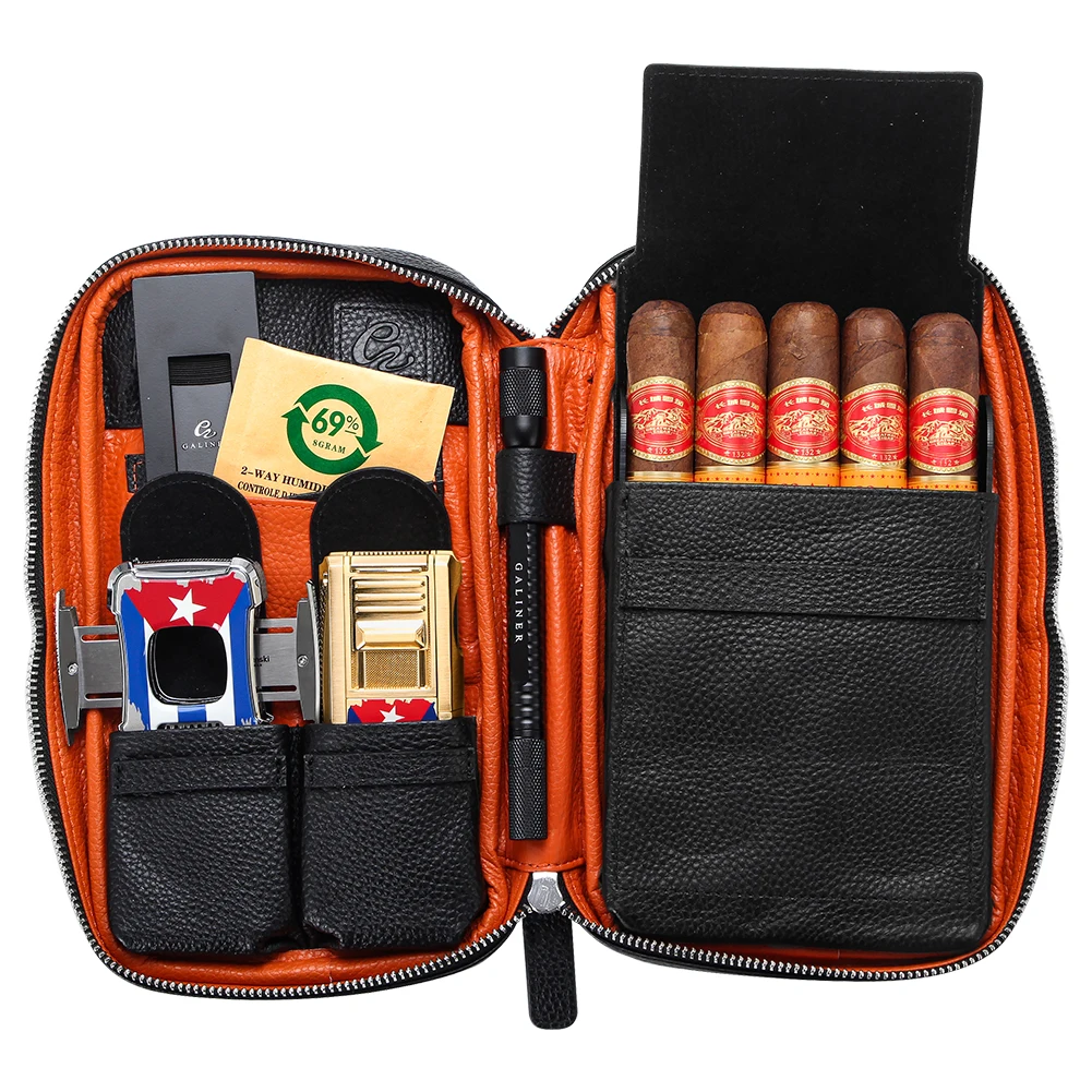 GALINER Real Leather Cigar Case Travel Humidor Cigar Set W/ Butane Torch Lighter Cigar Cutter Sharp Guillotine Humidifier Bag