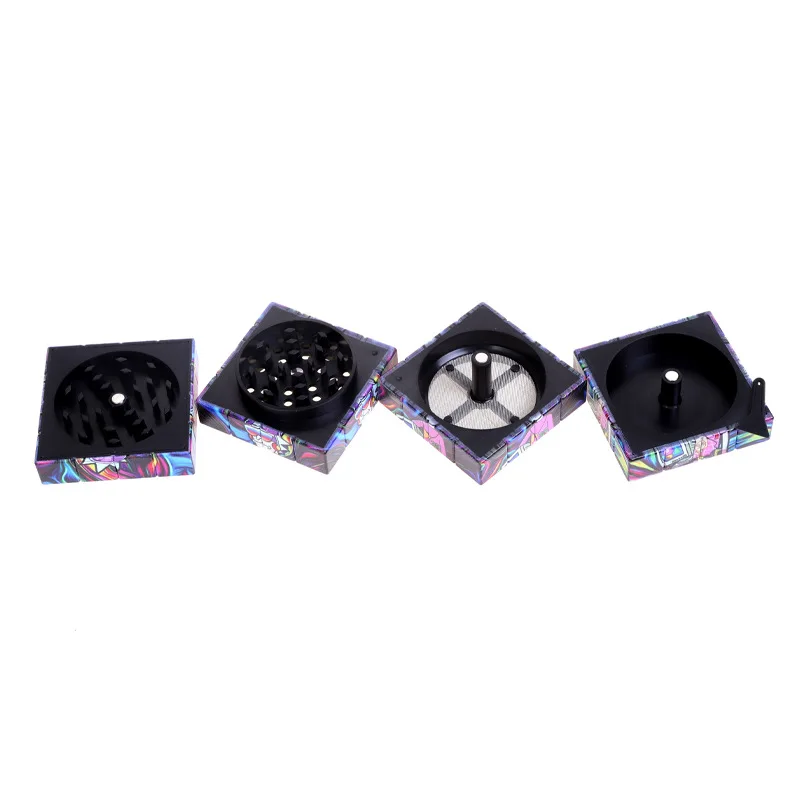 New plastic  cube smoke grinder 58MM four-layer grinder square rotatable printing smoke breaker multicolor