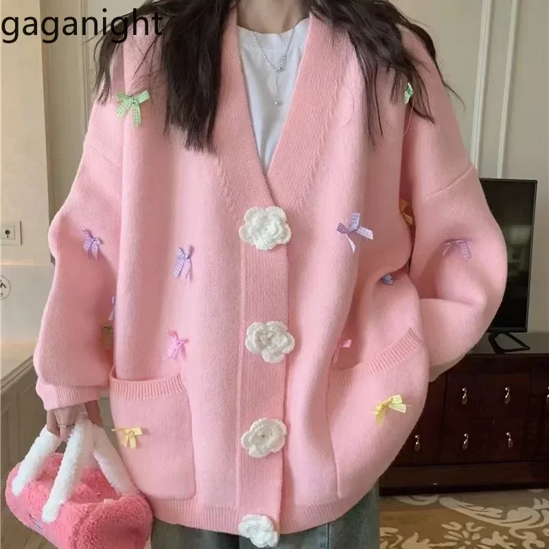 Gaganight Women Candy Colored Bow V neck Three dimensional Flower Coat Women New Korean Gentle Style Knitted Cardigan Sweet