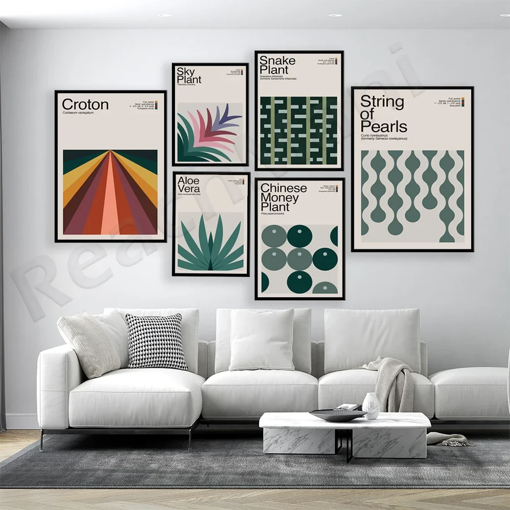 Fiddle leaf fig, snake plant, aloe vera, bird of paradise, string of pearls, chinese money plant medieval botanical poster,