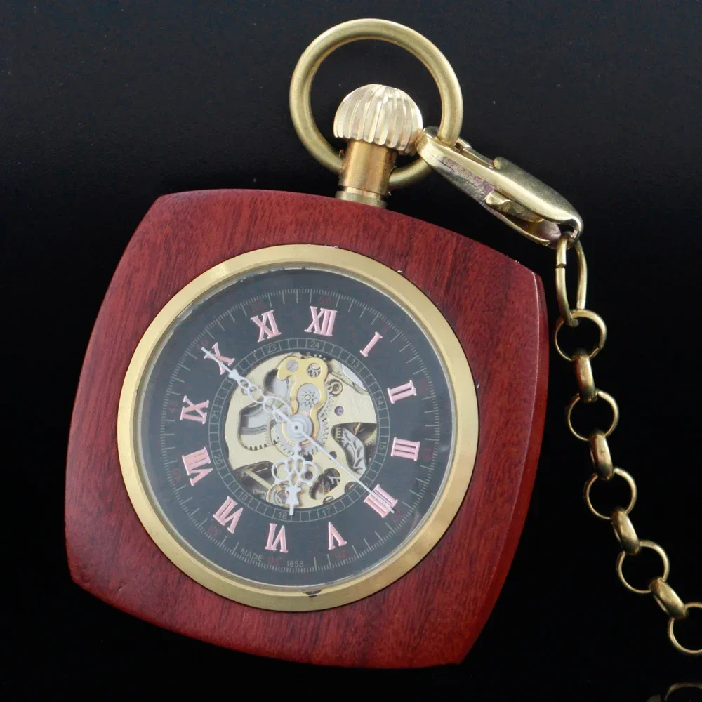 NEW Vintage Watch Hand Winding Mechanical Pocket Watch Luxury Red Wooden Design Half Hunter Pocket Clock Gifts for Men Women