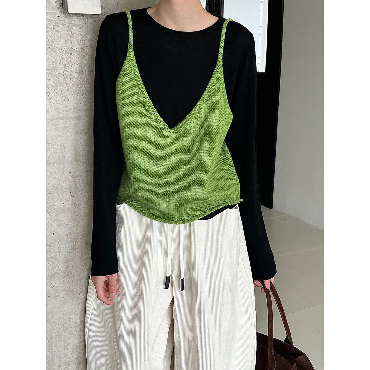 

Корейский шерстяной вязаный жилет спереди и сзади, женский осенний новый жилет на шнуровке, топ