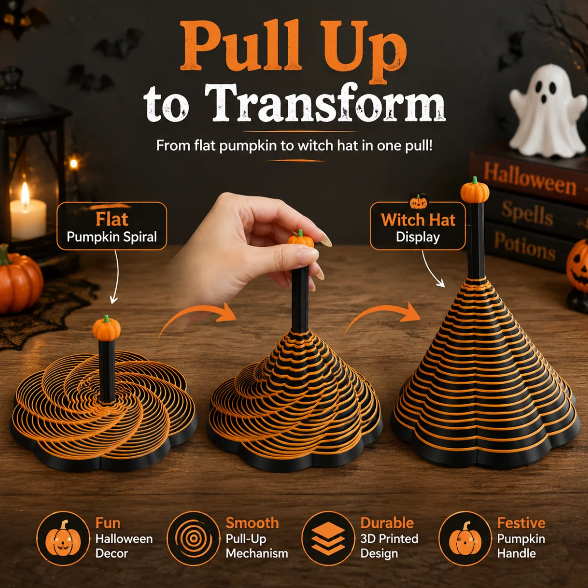 1Pc Retractable Spiral Pumpkin Fidget Toy,3D Printed Eco PLA,Black Orange Striped,Halloween Desk Stress Relief Ornament