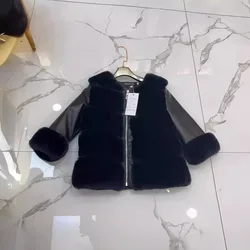 Girls Fur Coat 2024 Autumn and Winter New Round Neck Long Sleeved Fur Coat Patchwork Leather Jacket Warm