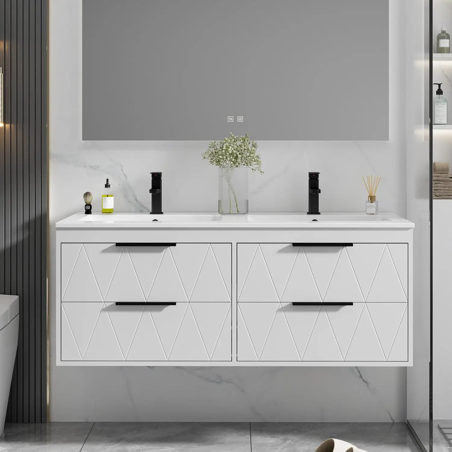 48" Wall-Mounted Bathroom Vanity with Double Sink, Soft-Closing Drawers, Faucet & Drain, Decor Lines, White, Custom