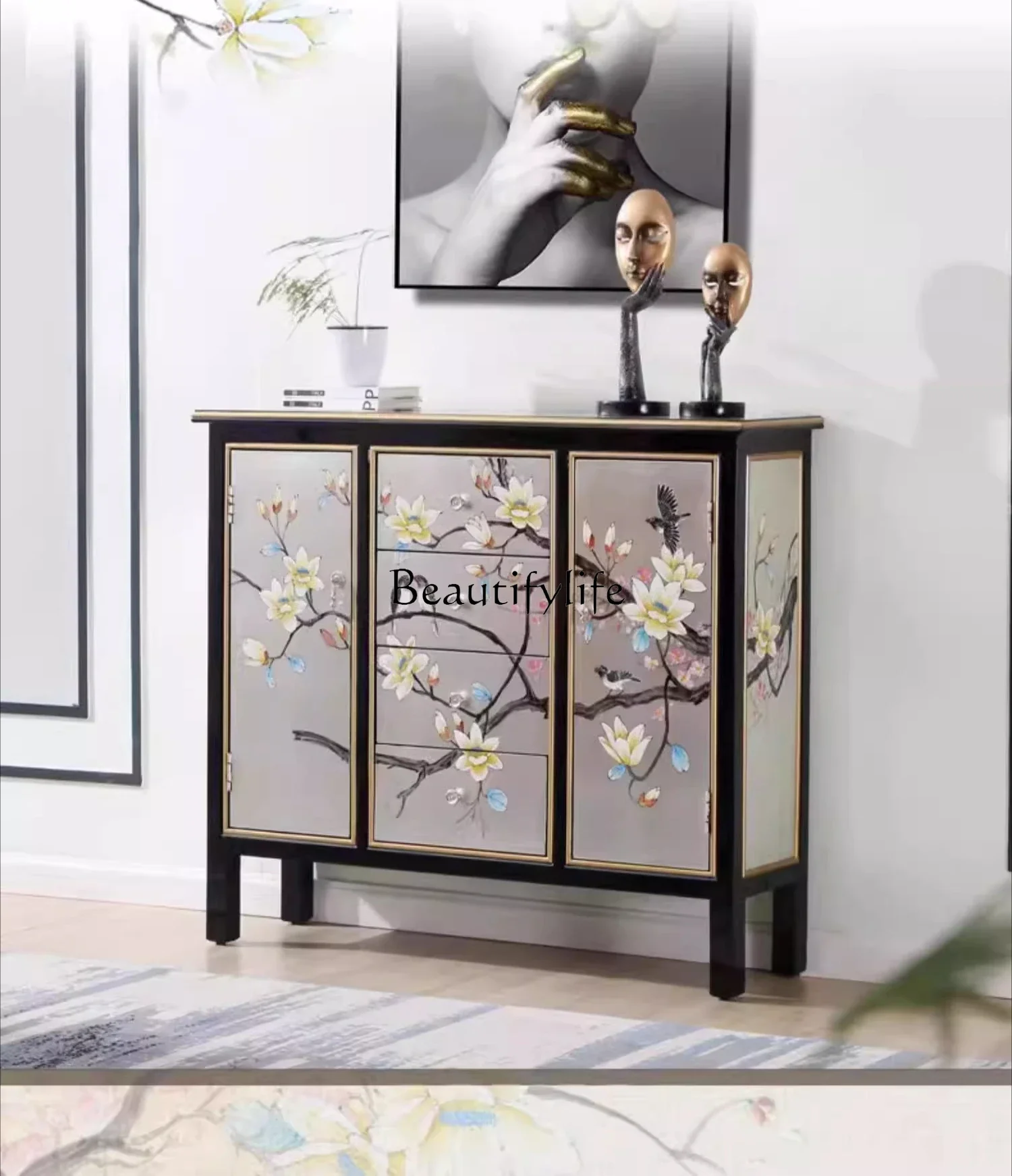 

yj5Side cabinet light luxury solid wood drawer storage paint new Chinese entrance cabinet