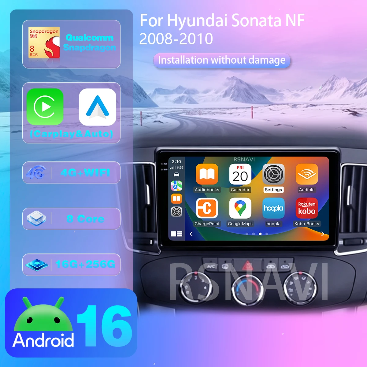 RSNAVI Android 16 Carplay AUTO Car Radio For Hyundai Sonata NF 2008 - 2010 GPS Video Player Stereo Multimedia Wireless WiFi+4G