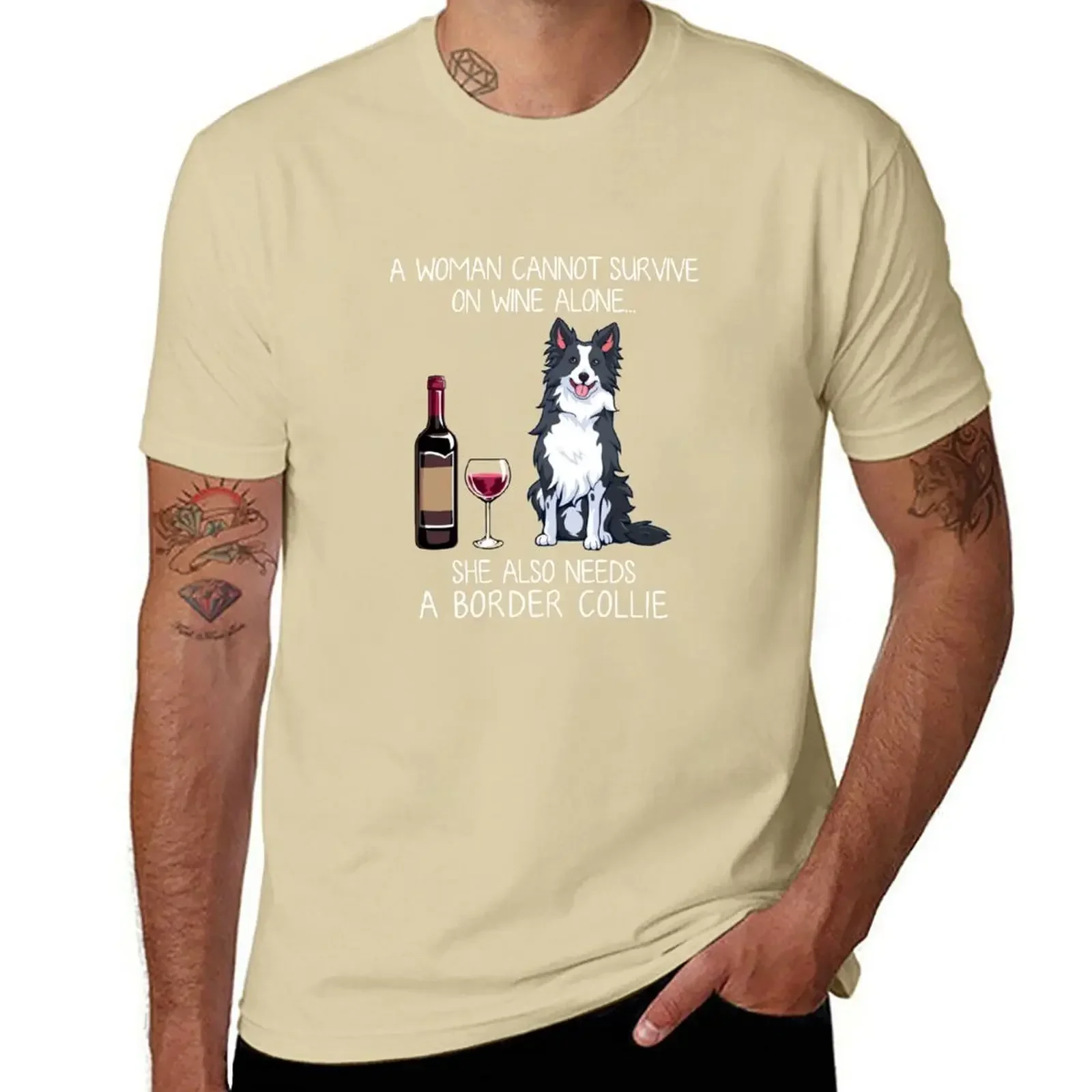 Border Collie and wine Funny dog T-Shirt vintage blanks boys animal print t shirts for men graphic Short Sleeve Round Collar