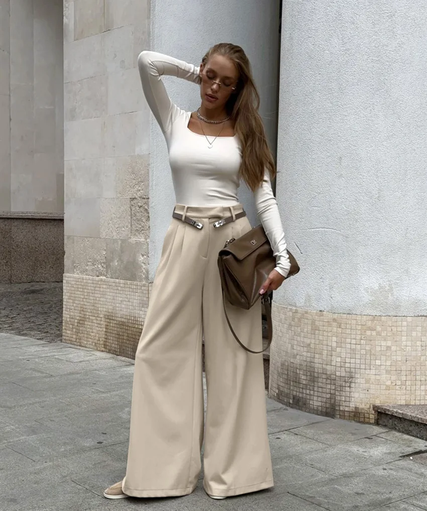 

European Lady Office Khaki Loose Pants Suit Pants 2025 Spring Loose Pleated Suit Long Pants Women's Clothing