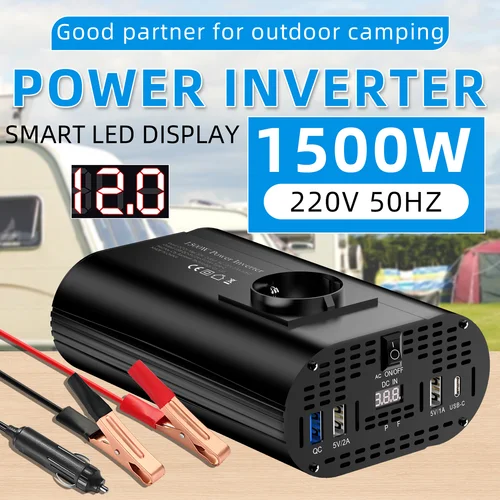 Imagen 1 del producto Inversor de onda modificada 12V 1500W 220V50HZ con pantalla LCD, adecuado para automóviles y teléfonos móviles