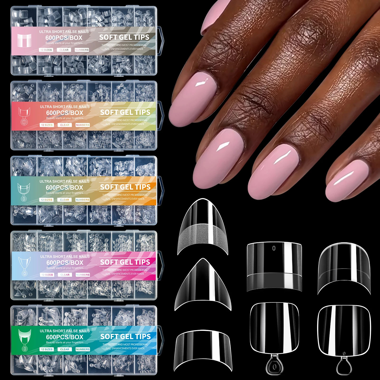 600PcsUltra Short Soft Gel Nail Tips Clear False Nails No File Needed Seamless Soft Gel Tips Fake Nails Extension Manicure Salon