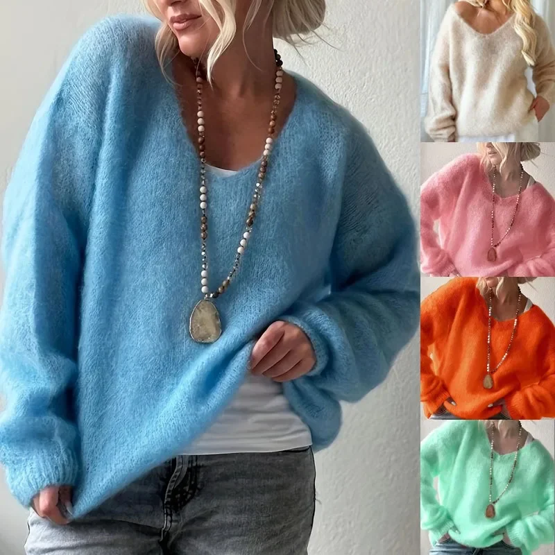 V-neck Long Sleeved Pullover Casual Sweater Women 2025 Autumn/Winter Knitted Jumper Fashion Solid Color Loose Thin Top Clothes