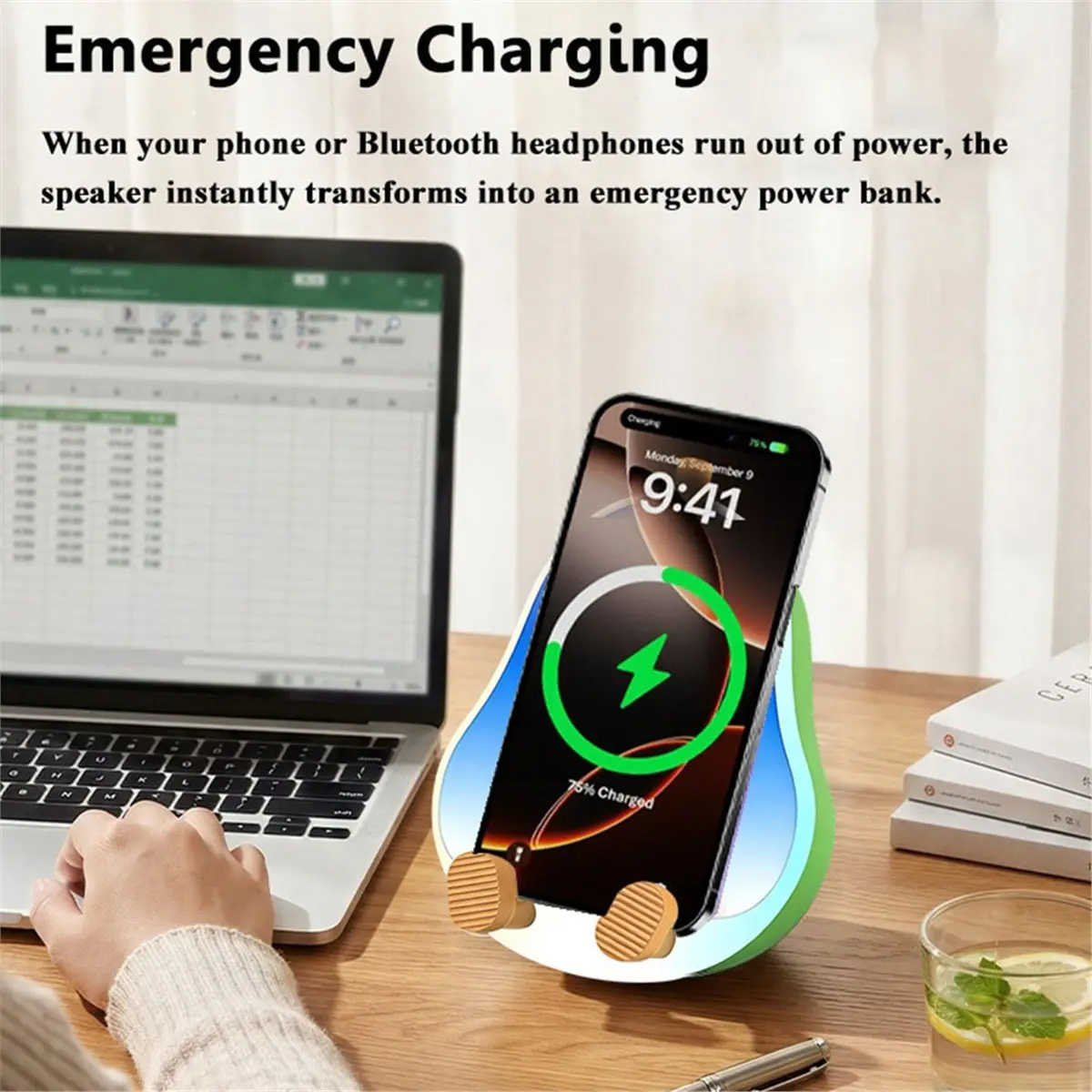 Mini Portable Bluetooth Speaker RGB Light Hifi Sound Box Wireless MP3 Player Avocado-Shaped Wireless Charger Blue