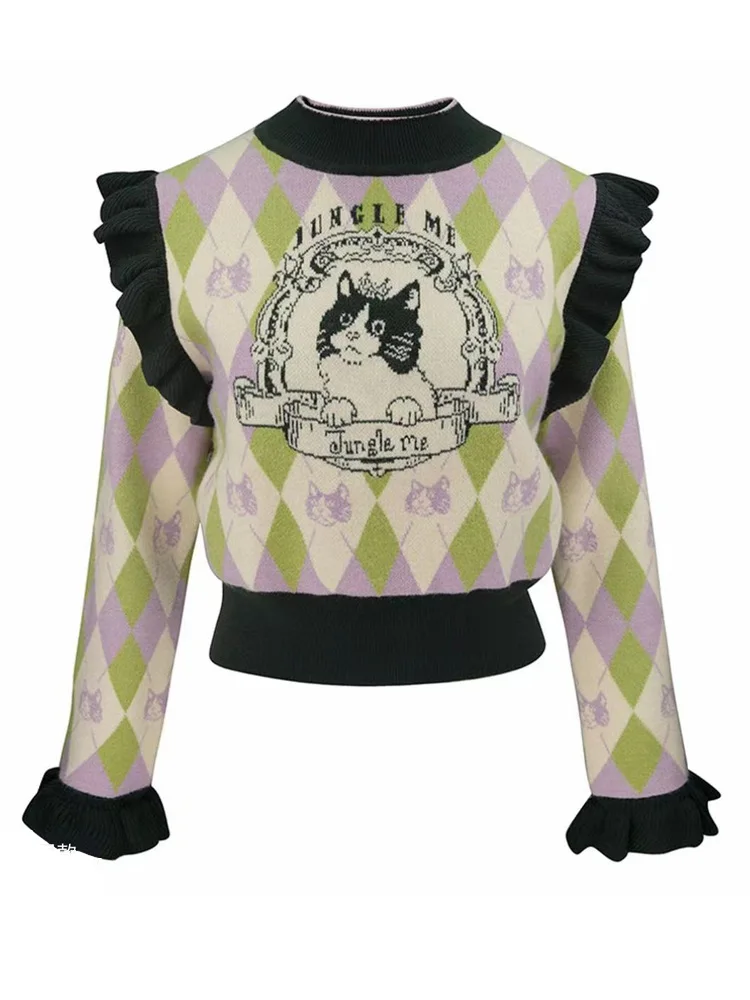 

Стильный винтажный вязаный свитер, женский пуловер 2026, весенний жаккардовый джемпер с длинными рукавами и круглым вырезом, топы, милый шикарный женский свитер