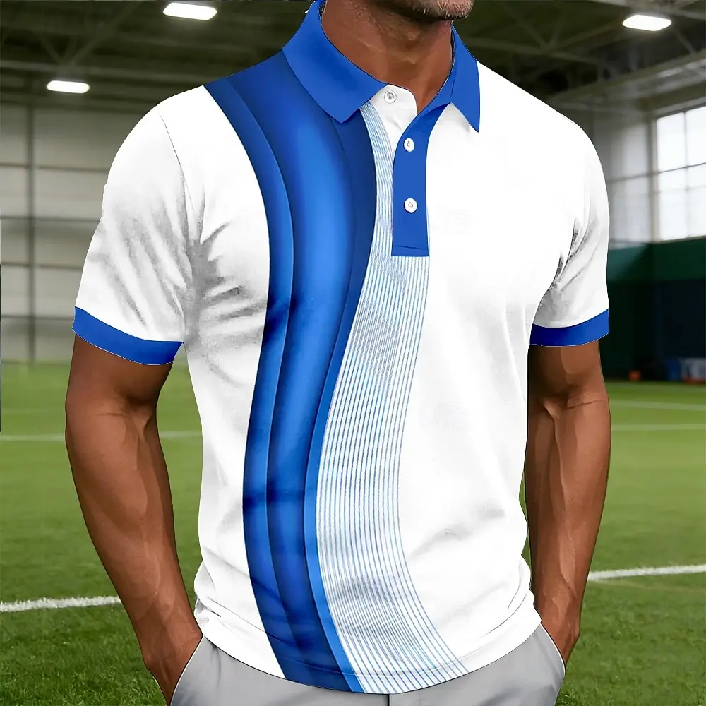 Men's Collared Geometric Line Polo Shirts, Short Sleeve Button Closure Casual Athleisure, Spring & Summer Street Style