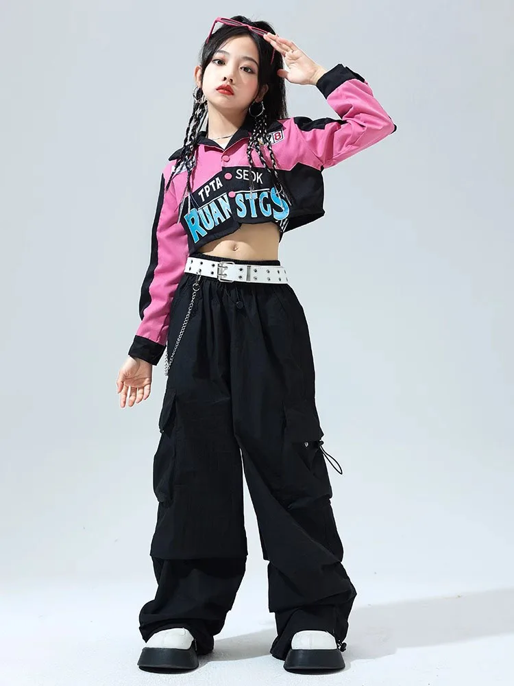 Moderne Jazz Tanz kleidung für Mädchen Hip Hop Motorrad jacke schwarze Hose Kinder Hip Hop Performance Kleidung Kpop Outfit Bl11826