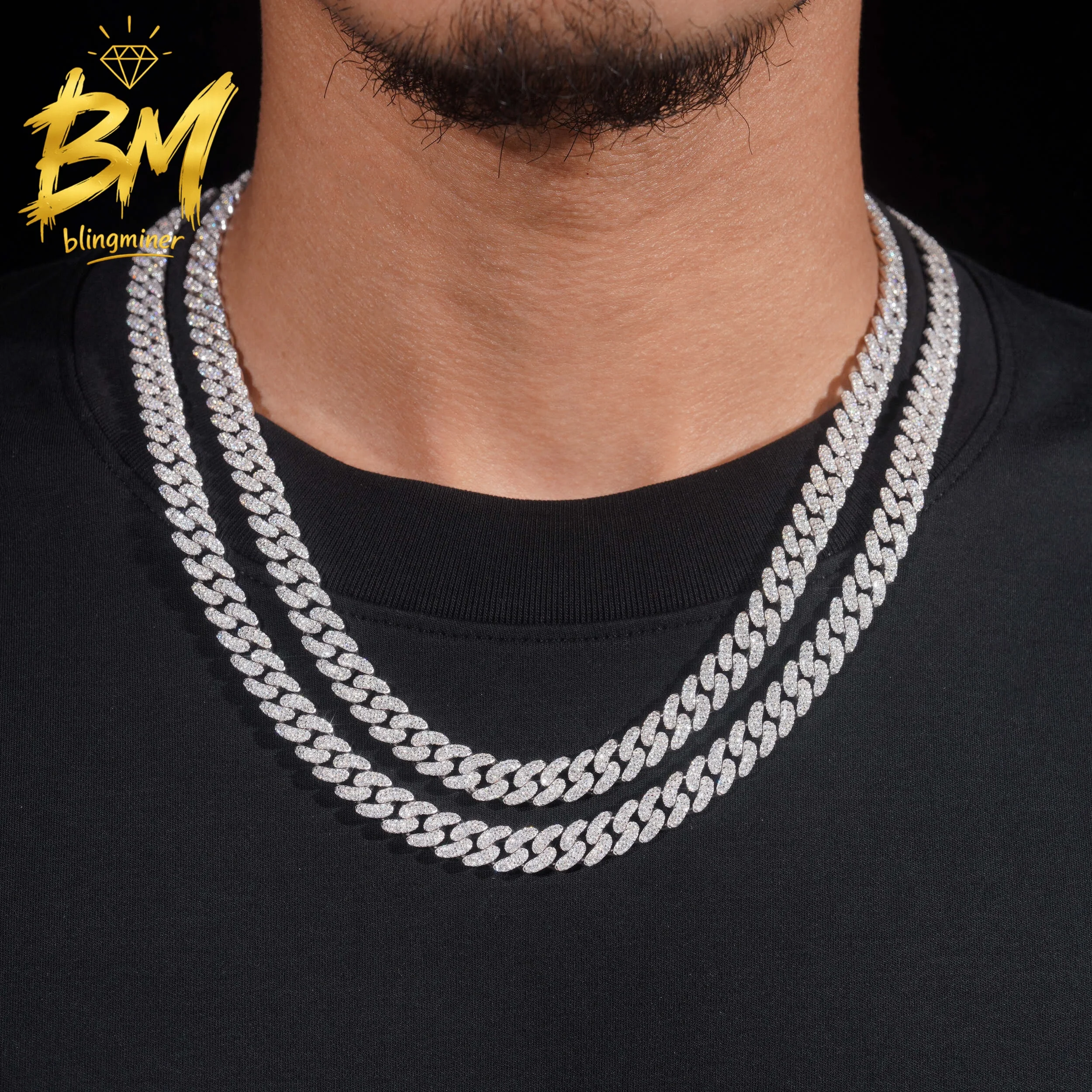 Blingminer 8mm VVS Moissanite Chain Iced Out Necklaces For Men Brass Cuban Chain Pass Diamonds Tester With GRA Free Shipping