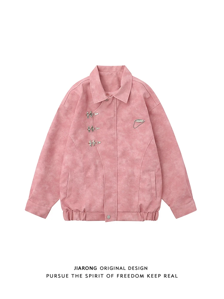 

Американская кожаная куртка свободного кроя с металлическим декором и розовым воротником, осенне-зимняя, повседневная верхняя одежда