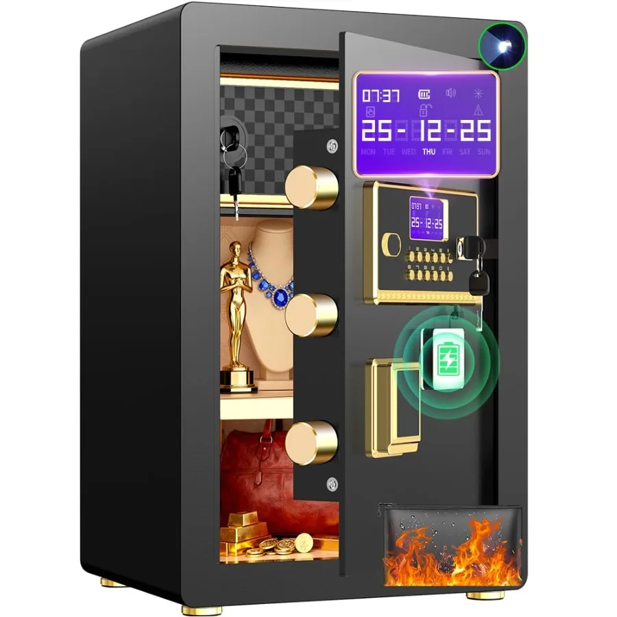 

Сейф с цифровой клавиатурой и сигнализацией для хранения ювелирных изделий и наличных денег - огнестойкий, водонепроницаемый, с регулируемыми полками и LED-подсветкой - 0.8/1.0