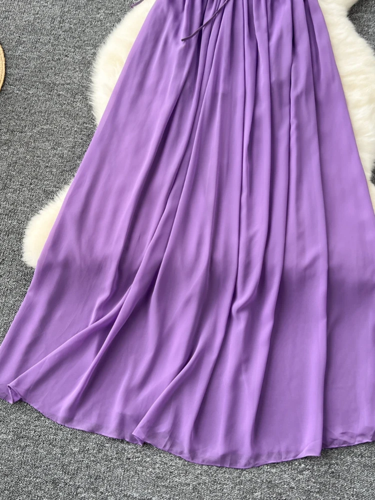 Women Purple Long Dress Summer Hollow Sexy V-neck Hanging Beach Dresses French Pleated Backless Boho Long Robe Vestidos