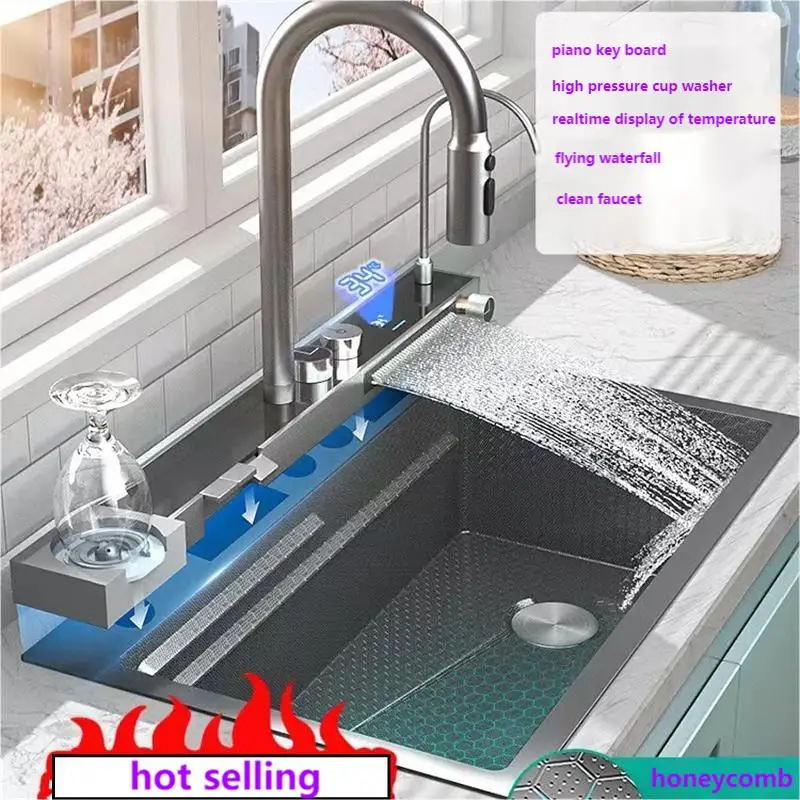 Waterfall Sink Basin Large Single Slot Digital Display 304 Stainless Steel Sink With Waterfall Faucet For Kitchen Renovation