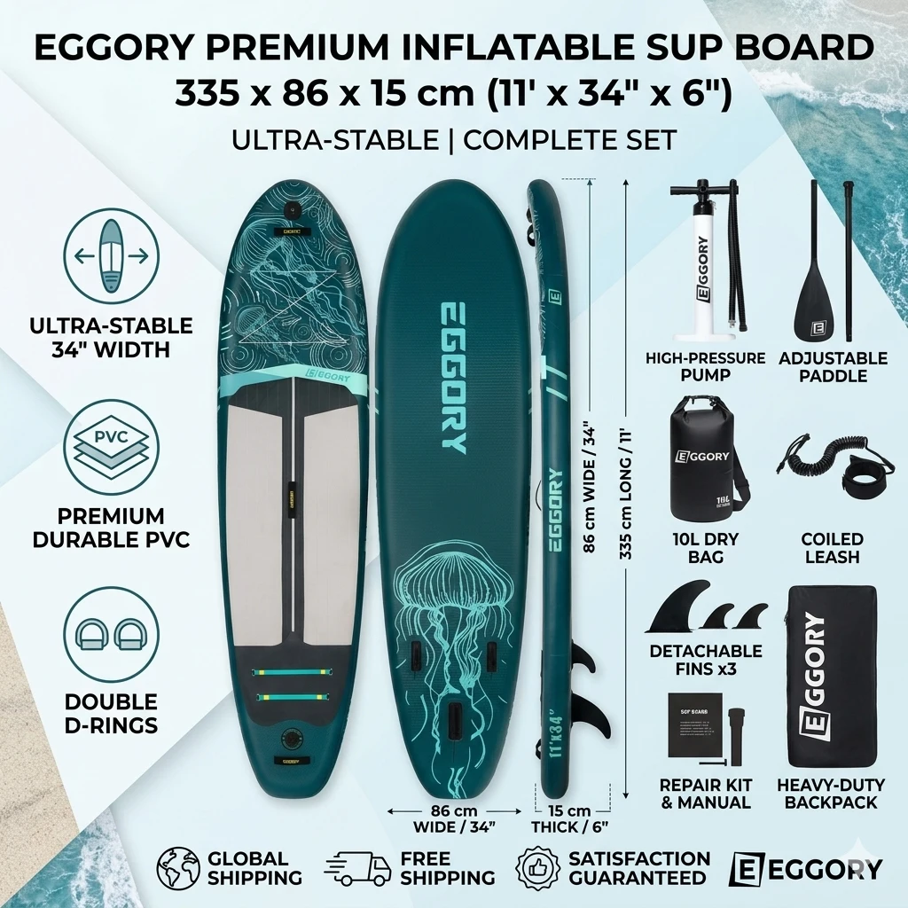 Planche à pagaie gonflable extra large EGGORY 11FT 34 " motif méduse, ultra-stable, ISUP, sac étanche 10L, planche SUP adulte