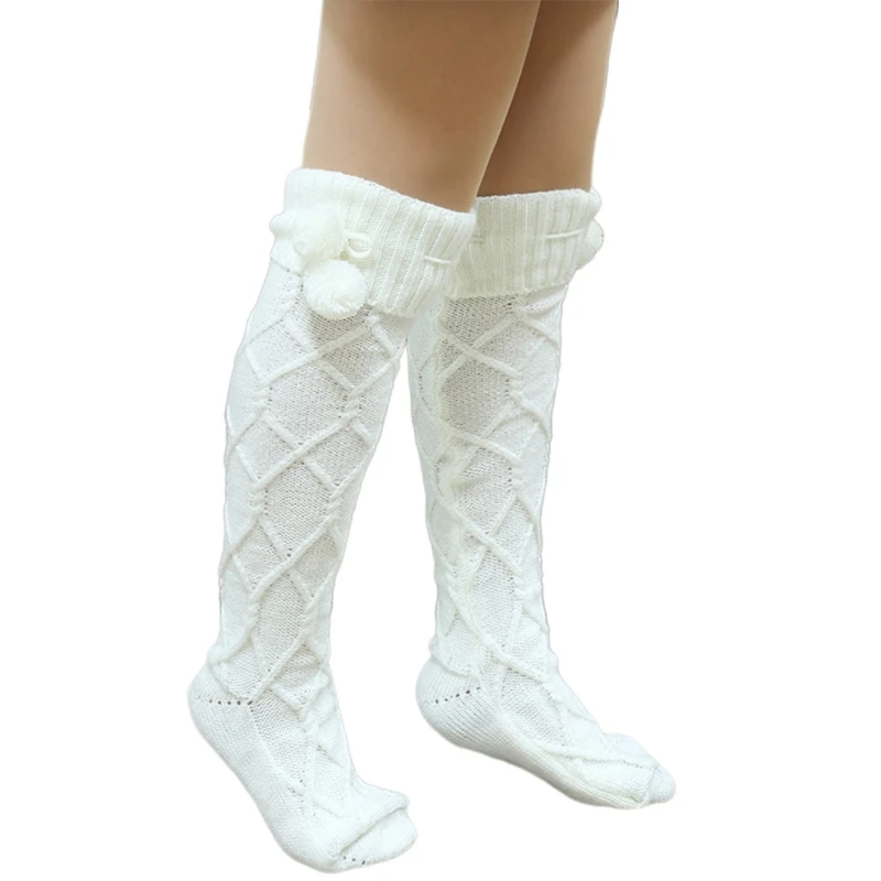 Womens Winter Leg Warmer Cable Knitted Rhombus Cute Pompom Thigh High Boot Socks Solid Color Over Knee Long Stockings F3MD