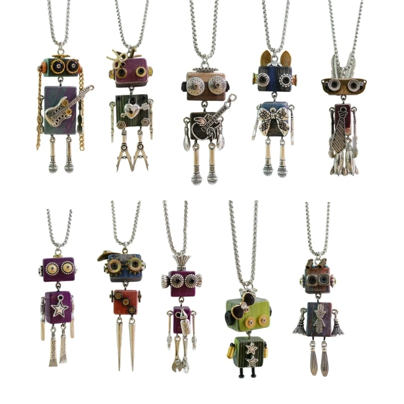 

DIY Wooden Block Robot Necklace Stylish Clavicle Chain Adjustable Length Chokers Unisex Punk Collarbone Chain Adorment N58F