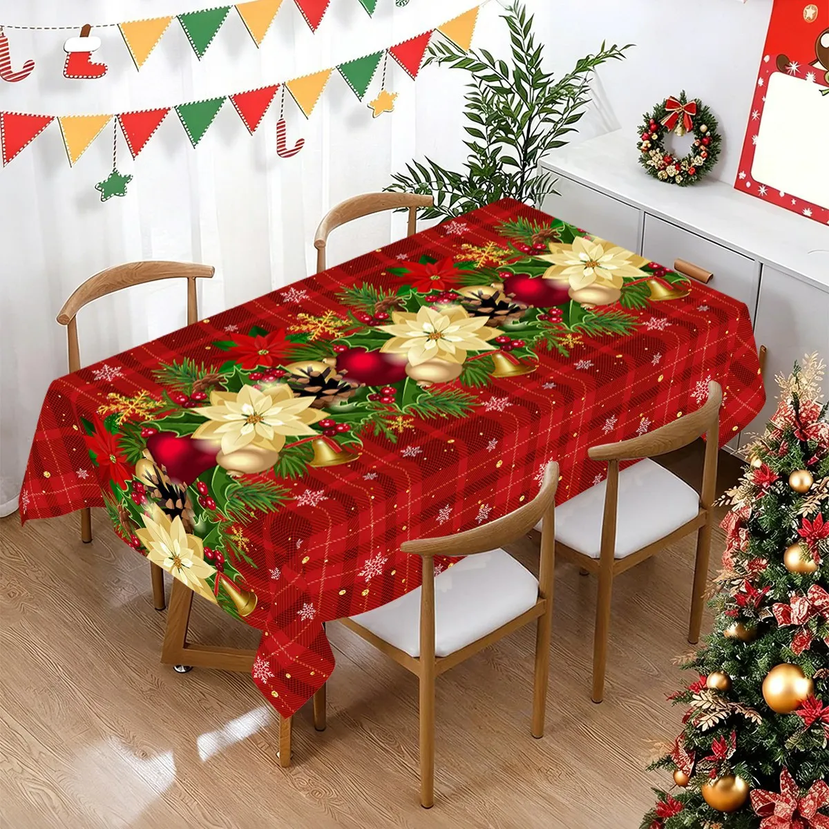 1pc Christmas Table Cover Vintage Poinsettia Disposable PE Tablecloth Navidad Christmas Decor for Home 2026 New Year Table Decor