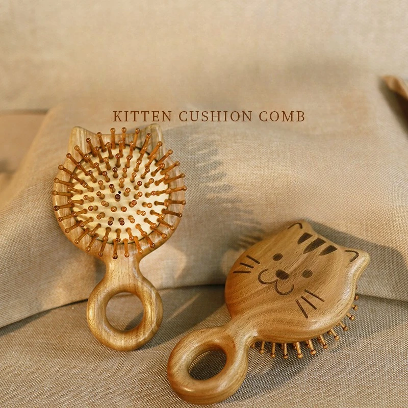 

Портативная расческа на воздушной подушке из сандалового дерева, дизайн с милым котом, массажная расческа для стимуляции кожи головы, меридиана, деревянная расческа для дома, путешествий, подарки