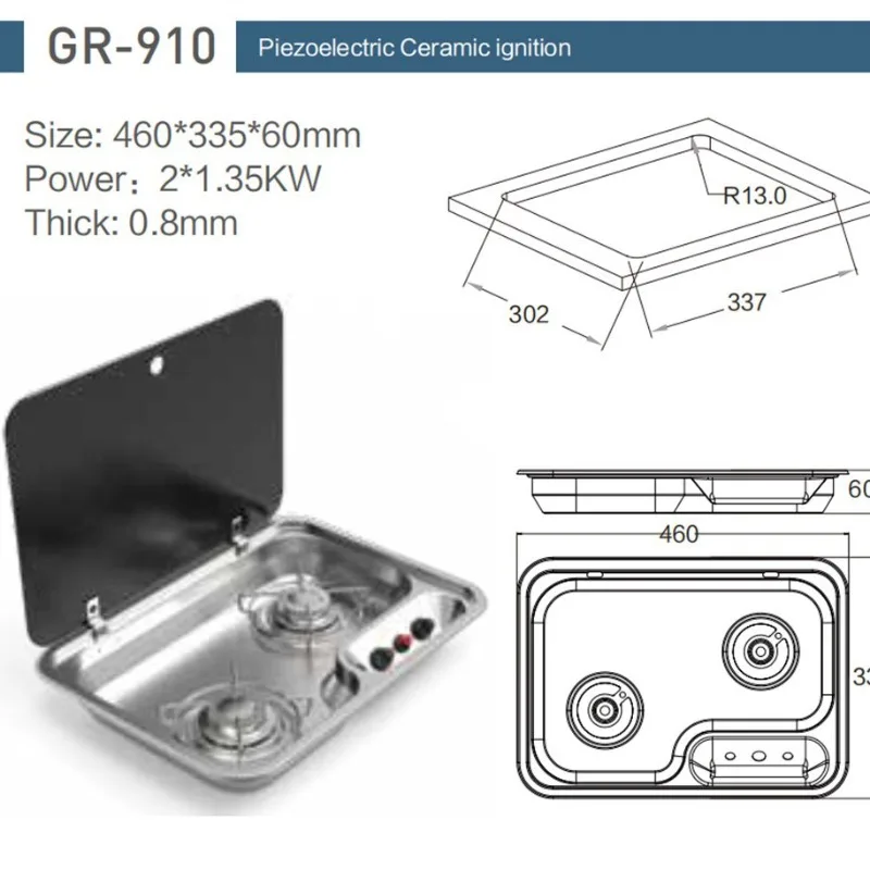 Stainless steel double burner gas cooktop with tempered glass cover for RV yacht